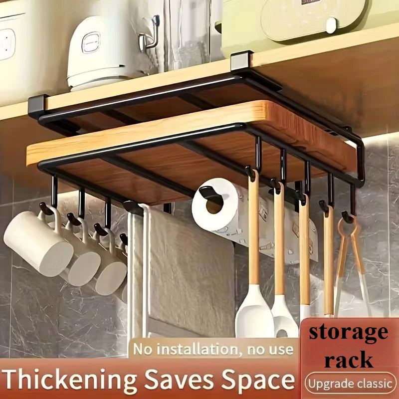 Kitchen Hanging Organizer Rack with Hooks Under Cupboard Paper Towel Rags Hanger Cutting Board Pot Cover Holder Storage Shelf