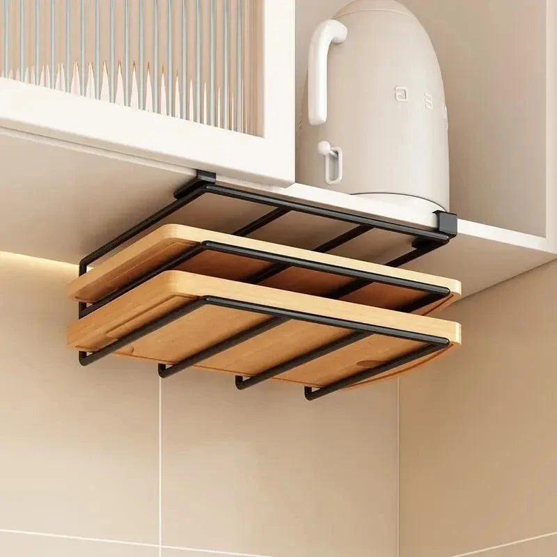 Kitchen Under Cabinet Hanging Organizer Rack with Hooks Multi-Purpose Holder for Paper Towel Cutting Board & Pot Lids