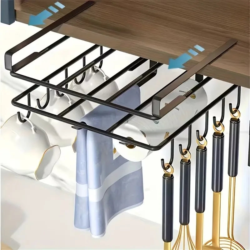 Kitchen Hanging Organizer Rack with Hooks Under Cupboard Paper Towel Rags Hanger Cutting Board Pot Cover Holder Storage Shelf
