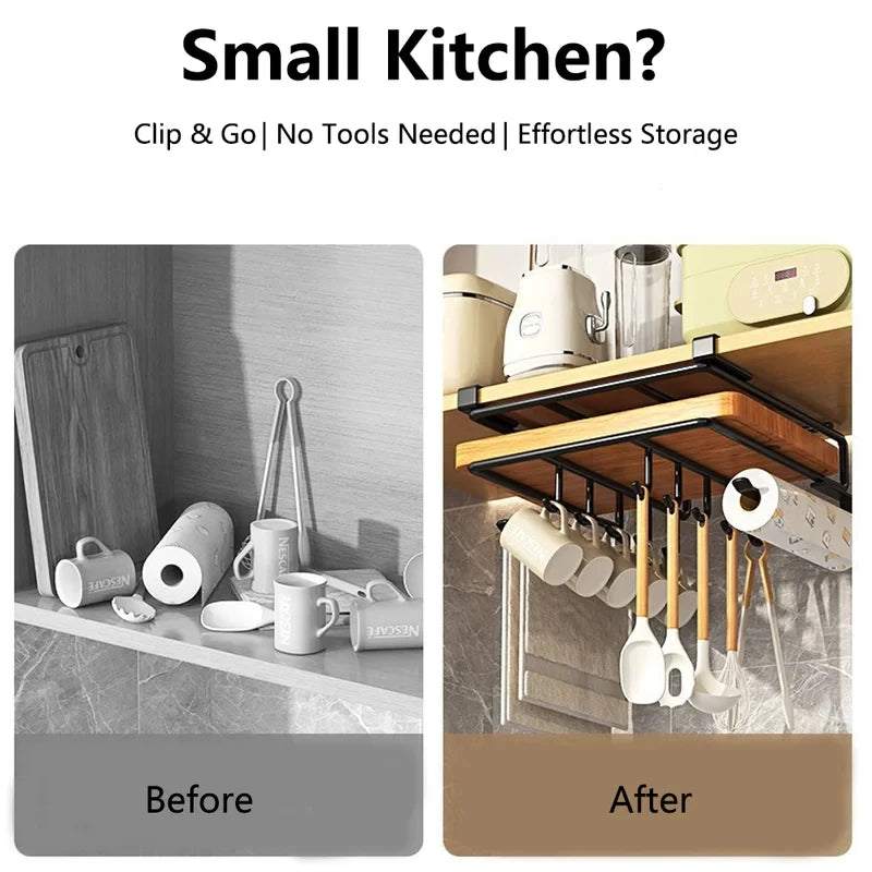 Kitchen Under Cabinet Hanging Organizer Rack with Hooks Multi-Purpose Holder for Paper Towel Cutting Board & Pot Lids