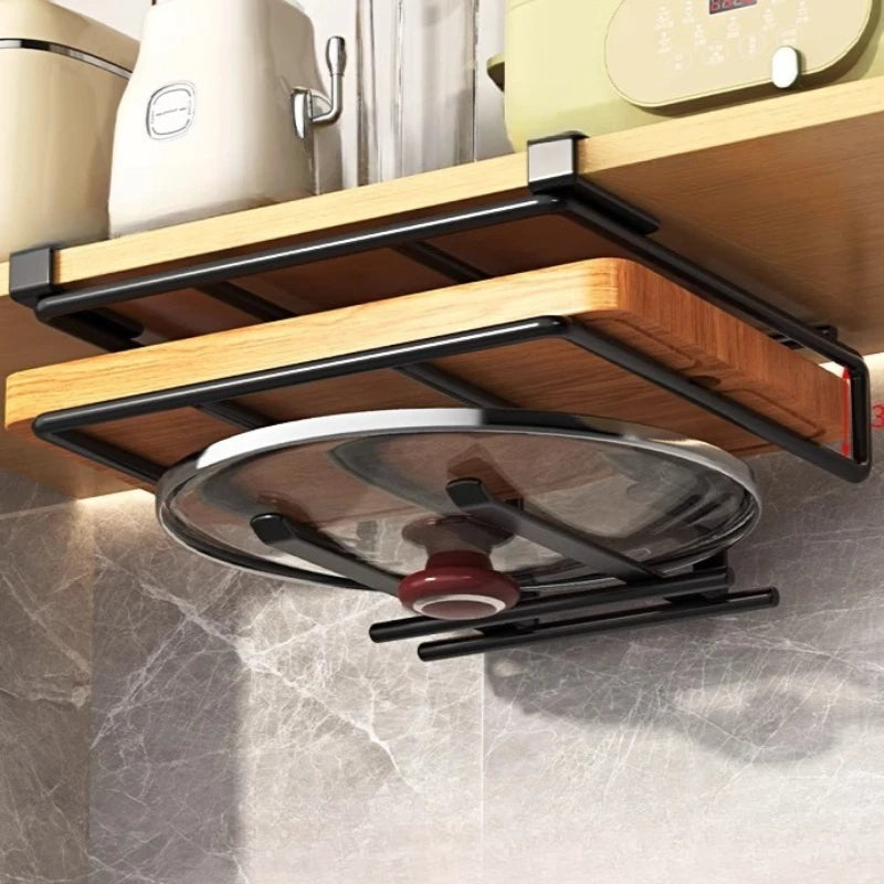 Kitchen Hanging Organizer Rack with Hooks Under Cupboard Paper Towel Rags Hanger Cutting Board Pot Cover Holder Storage Shelf
