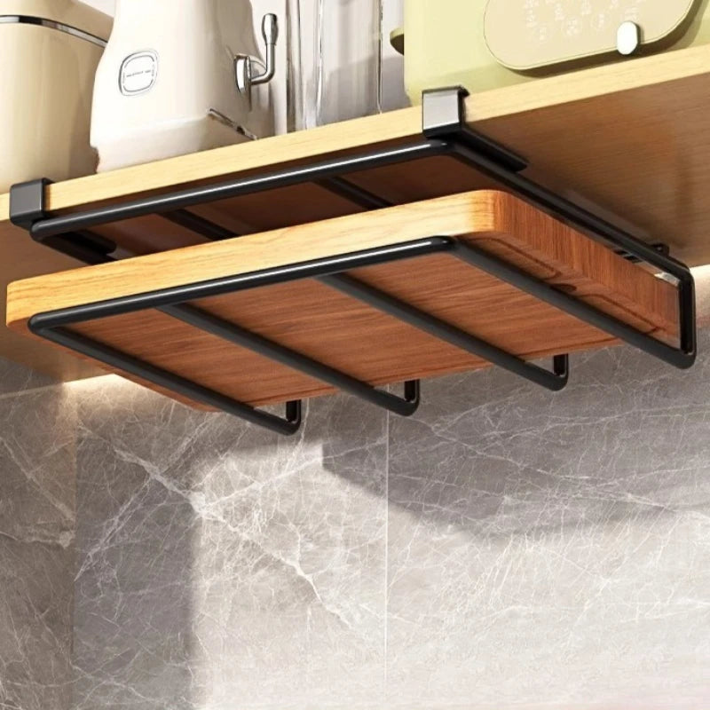 Kitchen Hanging Organizer Rack with Hooks Under Cupboard Paper Towel Rags Hanger Cutting Board Pot Cover Holder Storage Shelf