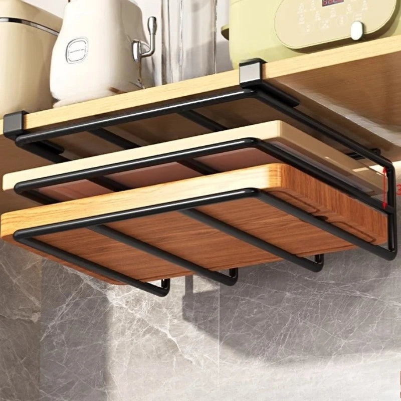Kitchen Hanging Organizer Rack with Hooks Under Cupboard Paper Towel Rags Hanger Cutting Board Pot Cover Holder Storage Shelf