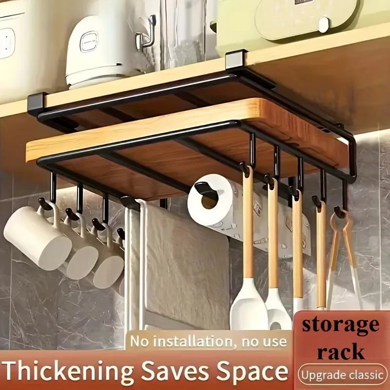 Kitchen Hanging Organizer Rack with Hooks Under Cupboard Paper Towel Rags Hanger Cutting Board Pot Cover Holder Storage Shelf