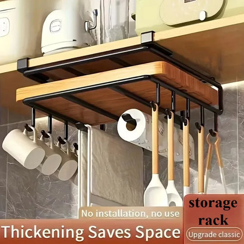 Kitchen Hanging Organizer Rack with Hooks Under Cupboard Paper Towel Rags Hanger Cutting Board Pot Cover Holder Storage Shelf