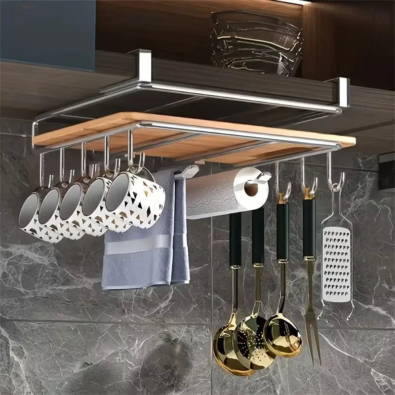 Kitchen Hanging Organizer Rack with Hooks Under Cupboard Paper Towel Rags Hanger Cutting Board Pot Cover Holder Storage Shelf