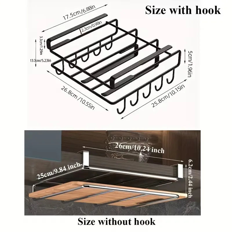 Kitchen Hanging Organizer Rack with Hooks Under Cupboard Paper Towel Rags Hanger Cutting Board Pot Cover Holder Storage Shelf