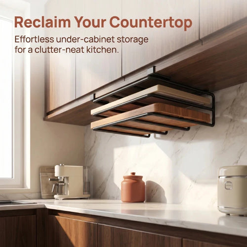 Kitchen Hanging Organizer Rack with Hooks Under Cupboard Paper Towel Rags Hanger Cutting Board Pot Cover Holder Storage Shelf