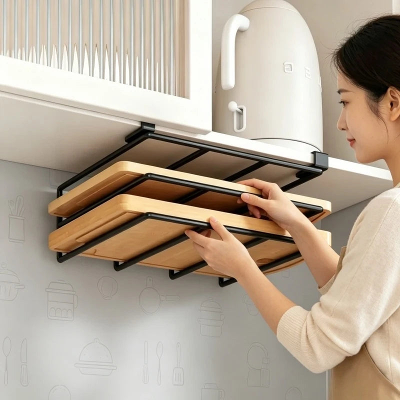 Kitchen Hanging Organizer Rack with Hooks Under Cupboard Paper Towel Rags Hanger Cutting Board Pot Cover Holder Storage Shelf